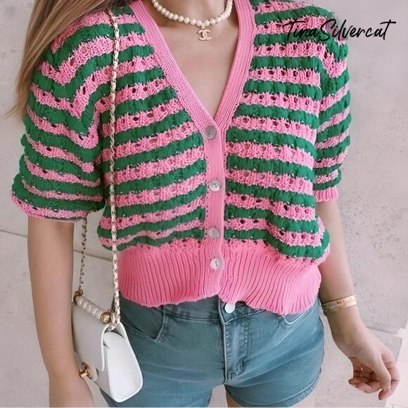 BLOGGER'S FAVE! Zara Striped Knit Jacket Button Up Sweater Pink Green NWT - Picture 3 of 12
